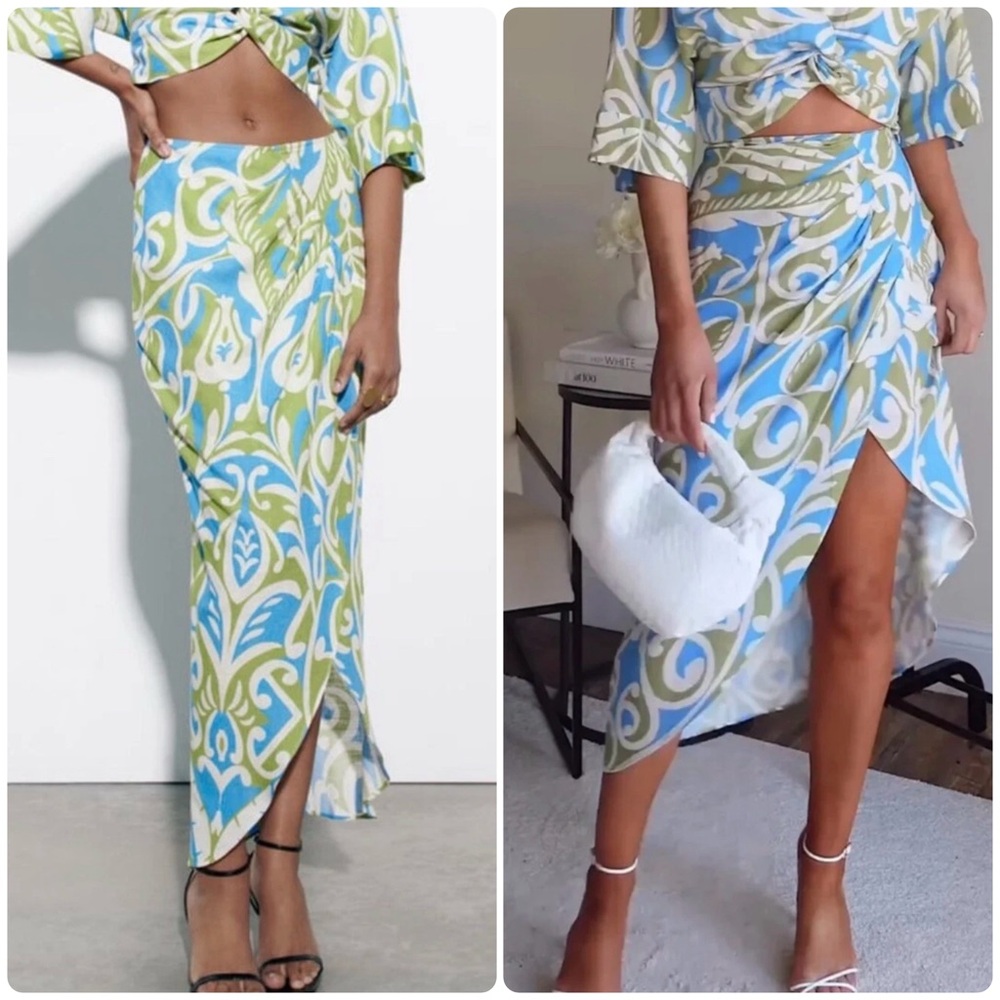 Zara Tropical Print Midi Skirt Front Slit & Crossover Detail Linen Blend Size S